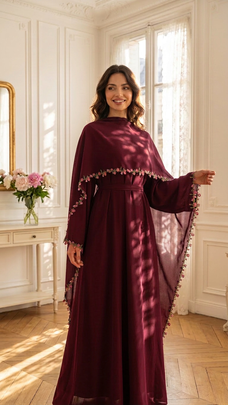 Abaya Modest Wear - Elegant Pink Lace Trim Nida Two
