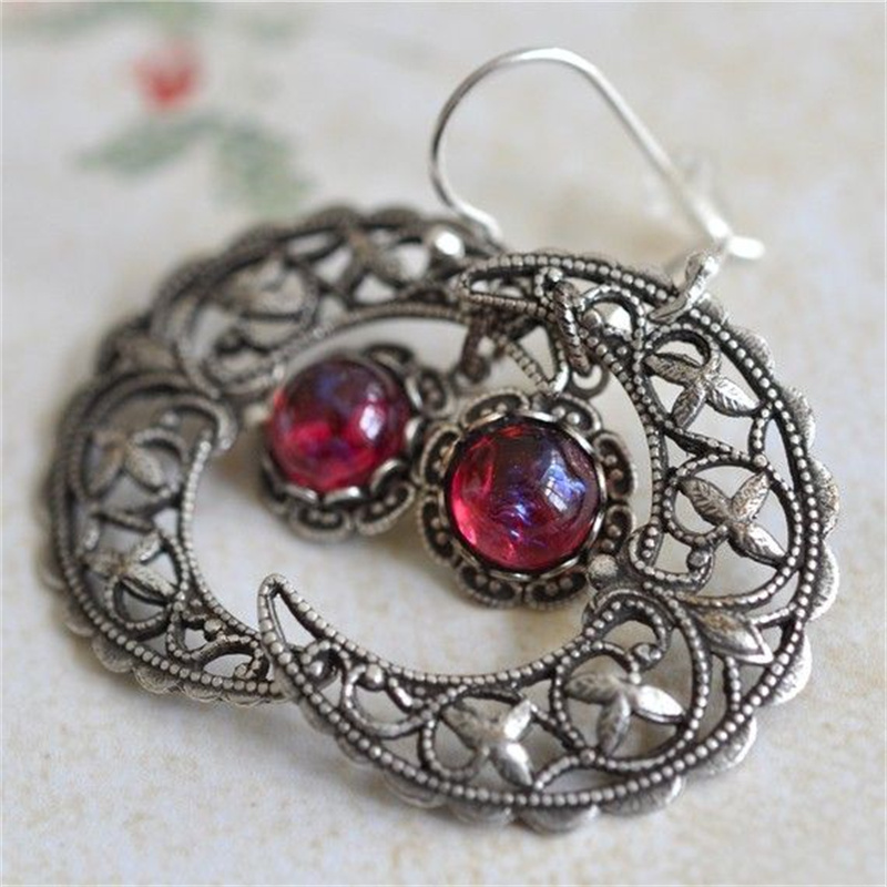 Ethnic Fashion Wear For Women - Vintage Inlaid Red Stone Moon Dangle