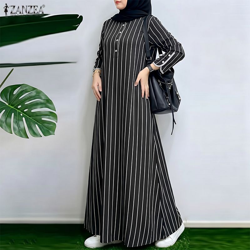 Muslim Modest Striped Maxi Dre - Abaya Modest Wear 评论和价格