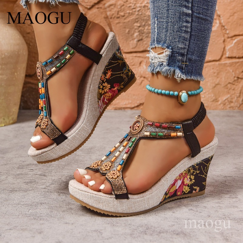 Boho Beaded Floral Wedge Sanda - The Ethnic Fashion 评论和价格
