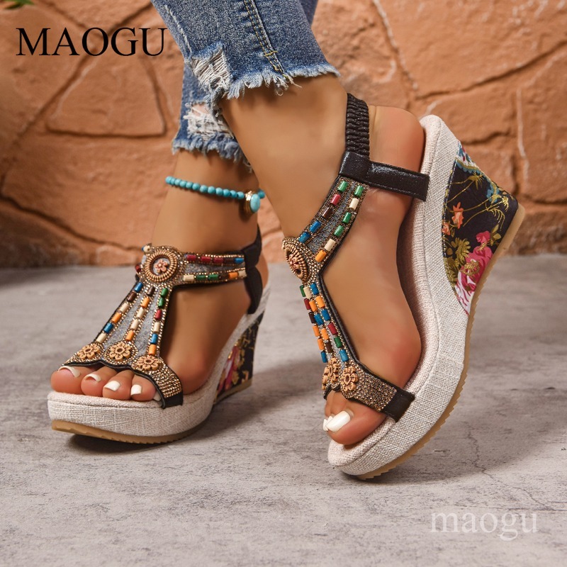 Boho Beaded Floral Wedge Sanda - The Ethnic Fashion 评论和价格
